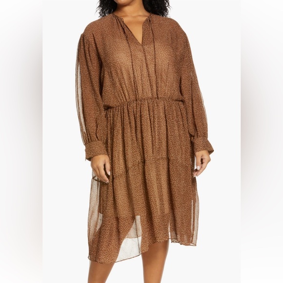 Vince Dresses & Skirts - Vince Dot Shirred Semi Sheer Long Sleeve Elegant Brown Midi Dress, size 3X, NWTS